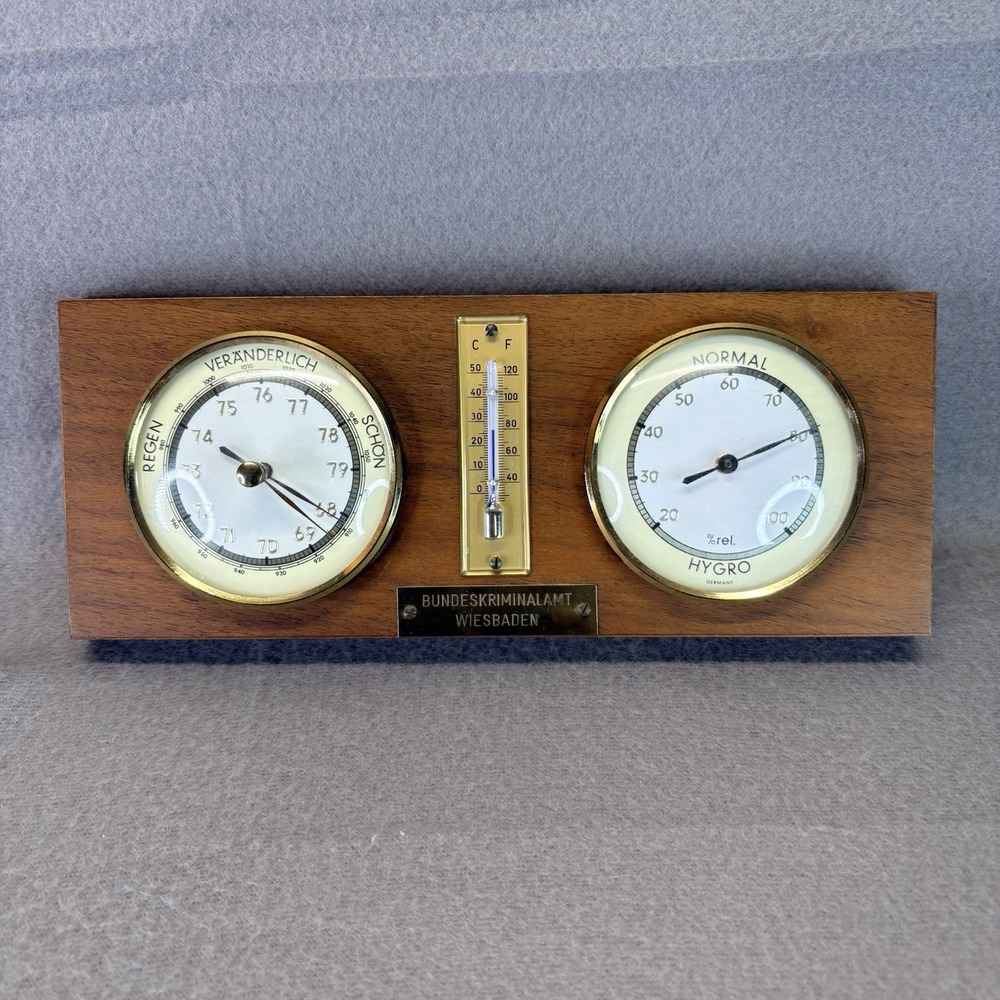 Vintage German Bundeskriminalamt Wiesbaden Wood Weather Station Barometer Wall